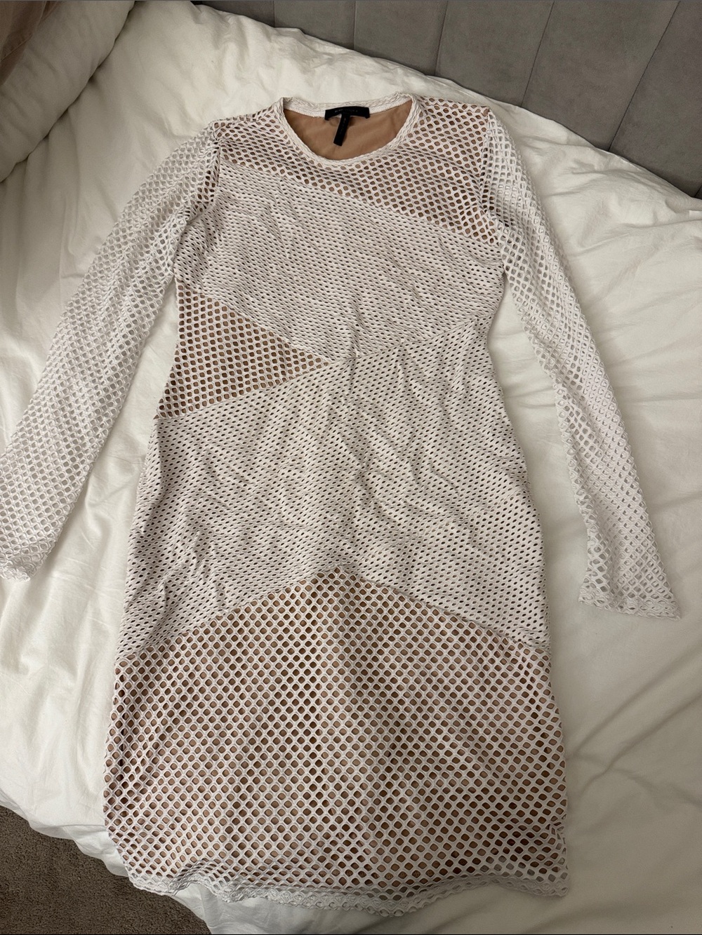 BCBGMaxAzria White Mesh Long Sleeve Dress with Nude Lining